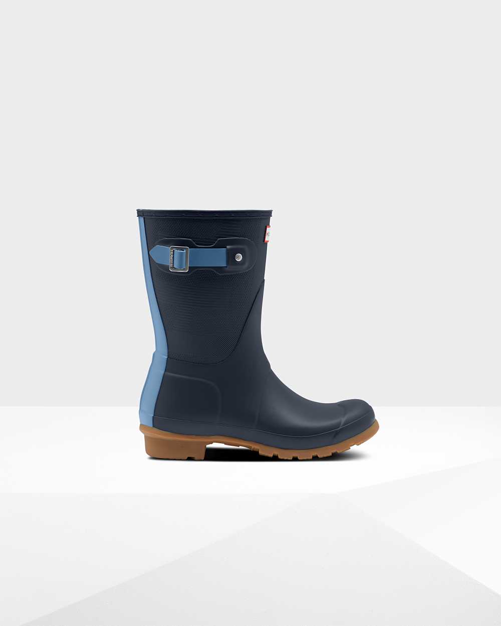 Womens Hunter Original Short Exploded Logo Texture Mid-Calf Rain Boots Navy | OQAJFW-508